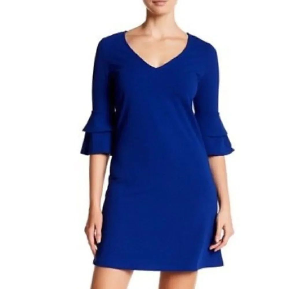 Vanity Room Blue V Neck Ruffle Sleeve Dress Sz S